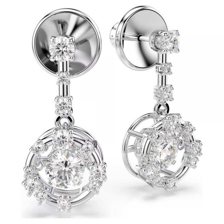 Constella drop earrings Round cut, Dancing stone, White, Rhodium plated